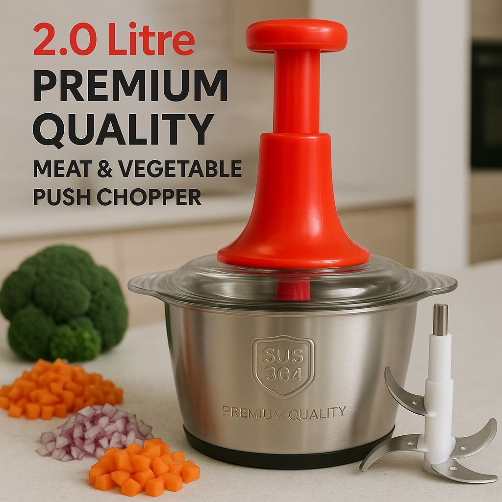 4 Blades Meat and Vegetable Push Chopper with Stainless Steel Bowl